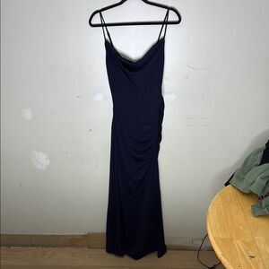 Stolen Hearts Navy Drape Neckline Polyester Blend Elegant Evening Gown Medium